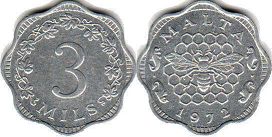 монета Мальта 3 милс 1972