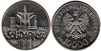 монета Польша 10000 злотых 1990