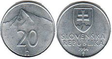 монета Словакия 20 геллеров 1994