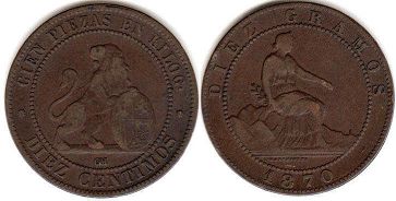 монета Испания 10 сентимо 1870