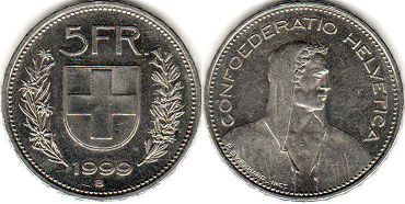 монета Швейцария 5 франков 1999