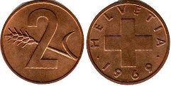 монета Швейцария 2 раппена 1969