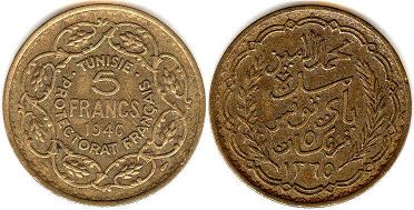 монета Тунис 5 франков 1946