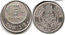 монета Тунис 5 франков 1954