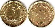 монета Турция 5 курушей 1950