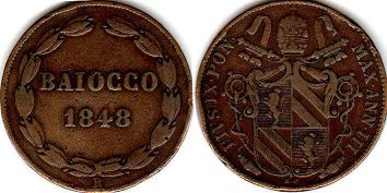 монета Папская область 1 байокко 1848
