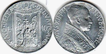 монета Ватикан 10 лир 1950