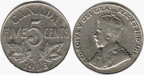 монета Канада монета 5 центов 1933