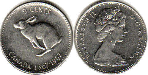 монета canadian юбилейная монета 5 центов 1967