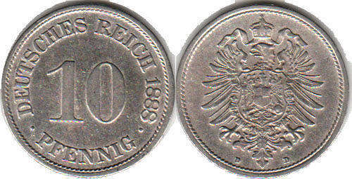 монета Германская Империя 10 пфеннигов 1888