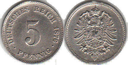 монета Германская Империя 5 пфеннигов 1876