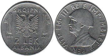 монета Албания 2 лека 1939