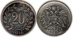 монета Австрийская Империя 20 геллеров 1918