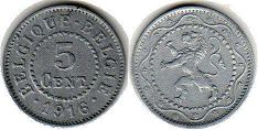 монета Бельгия 5 сантимов 1916