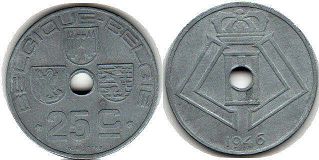 монета Бельгия 25 сантимов 1946