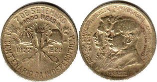 монета Бразилия 1000 рейс 1922