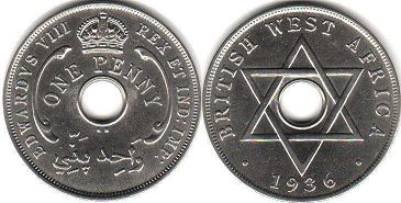 монета Британская Западная Африка 1 пенни 1936