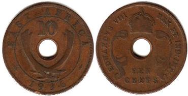 монета Британская Восточная Африка 10 центов 1936