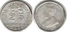 монета Цейлон 25 центов 1919
