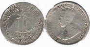 монета Цейлон 10 центов 1914
