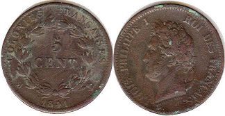 монета Французских Колоний 5 сантимов 1841