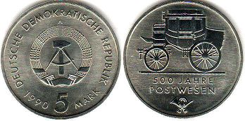 монета ГДР 5 марок 1990