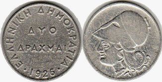 монета Греция 2 драхмы 1926