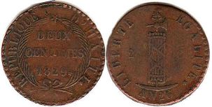монета Гаити 2 сантима 1829