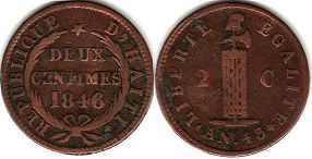 монета Гаити 2 сантима 1846