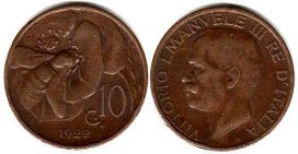 монета Италия 10 чентизими 1922