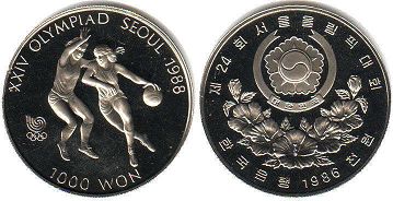 монета Южная Корея 1000 вон 1986
