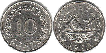 монета Мальта 10 центов 1972