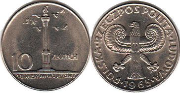 монета Польша 10 злотых 1965