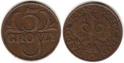 монета Польша 5 грошей 1928