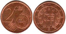 монета Португалия 2 евро цента 2009