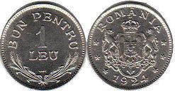 монета Румыния 1 лея 1924