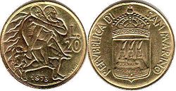 монета Сан-Марино 20 лир 1973