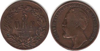 монета Швеция 5 эре 1873