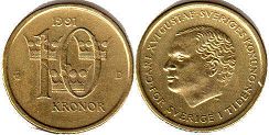 монета Швеция 10 крон 1991