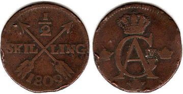 монета Швеция 1/2 скиллинга 1809