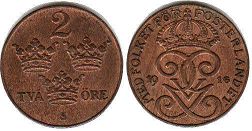 монета Швеция 2 эре 1916