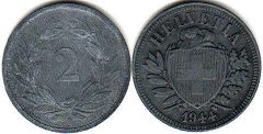 монета Швейцария 2 раппена 1944