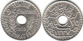 монета Тунис 25 сантимов 1919
