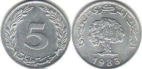 монета Тунис 5 миллимов 1983