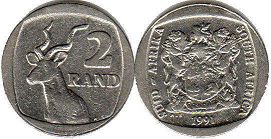 монета ЮАР 2 рэнда 1991 (1989, 1990, 1991, 1992, 1993, 1994, 1995)