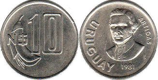 монета Уругвай 10 новых песо 1981