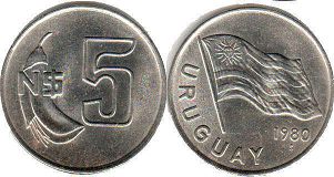монета Уругвай 5 новых песо 1980