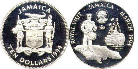монета Ямайка 10 долларов 1994