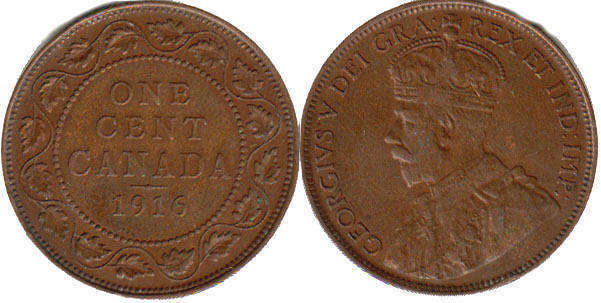 монета Канада монета 1 цент 1916