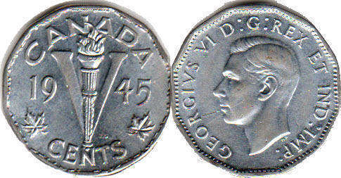монета canadian юбилейная монета 5 центов 1945